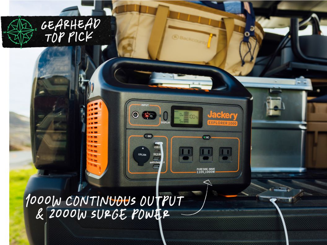 A black and red power station with a handle sits on a tailgate. Text overlay reads: Gearhead Top Pick, 1000W continuous output & 2000W surge power.